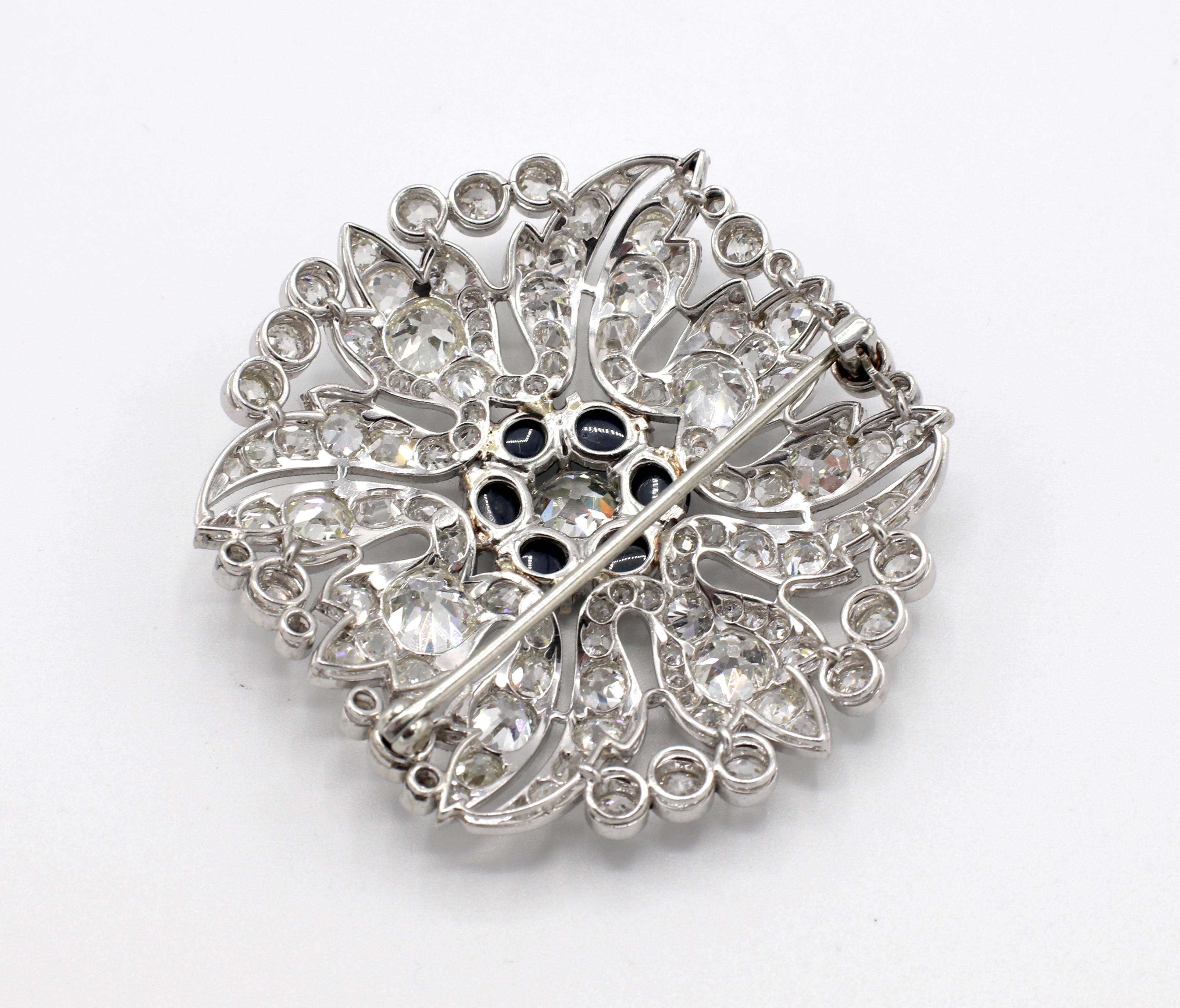 Art Deco Platinum Old European Cut 8.5 Carat Diamond and Sapphire Brooch Pin 1
