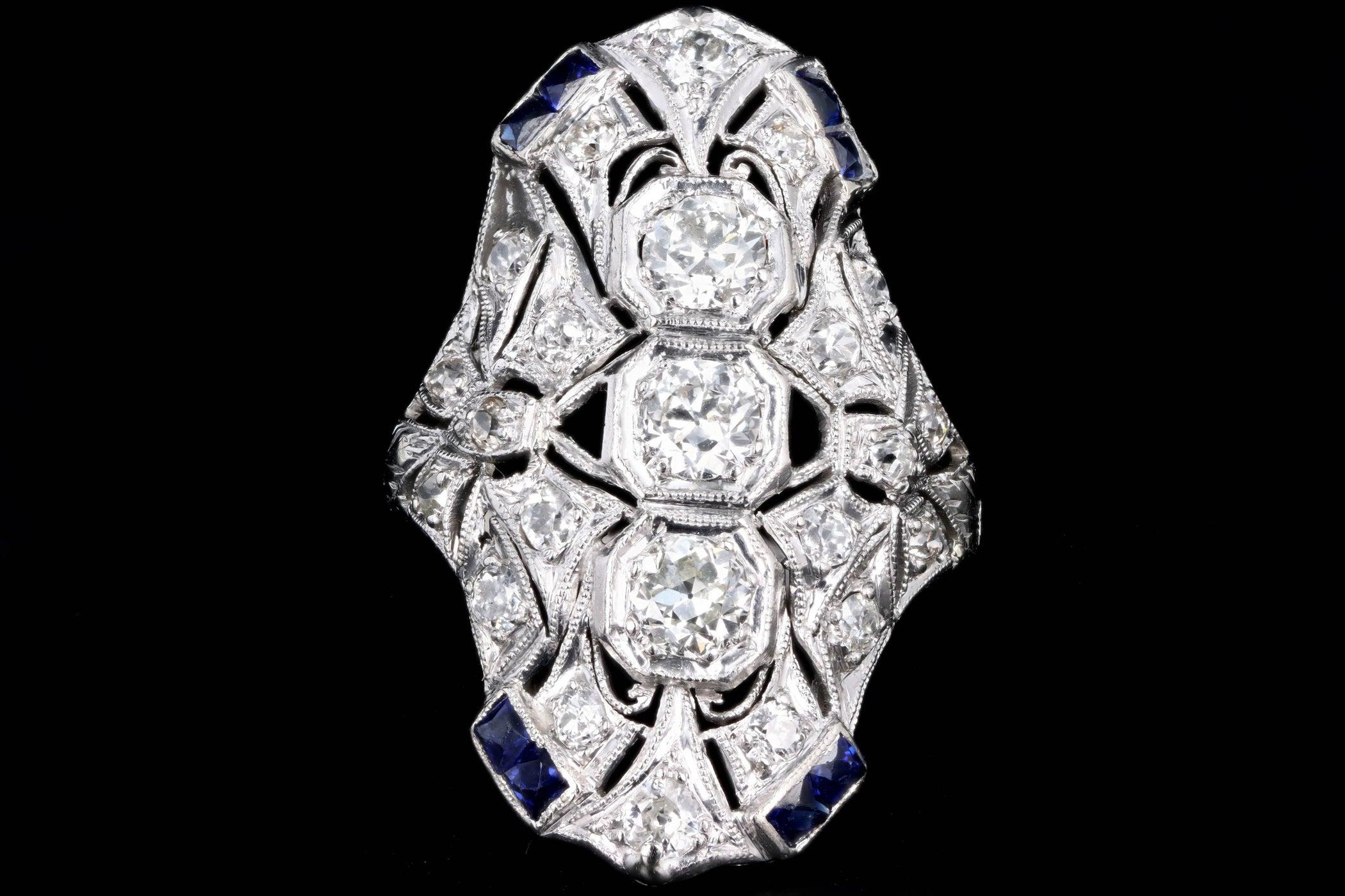 Women's or Men's Art Deco Platinum Old European Cut Diamond and French Cut Sapphire Ring