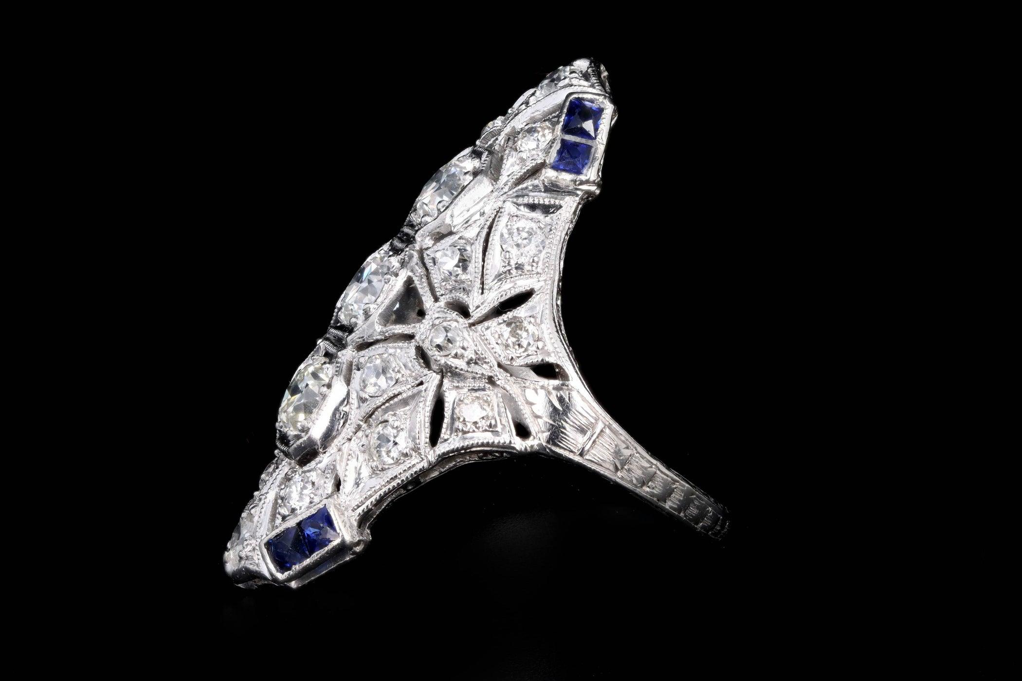 Art Deco Platinum Old European Cut Diamond and French Cut Sapphire Ring 1