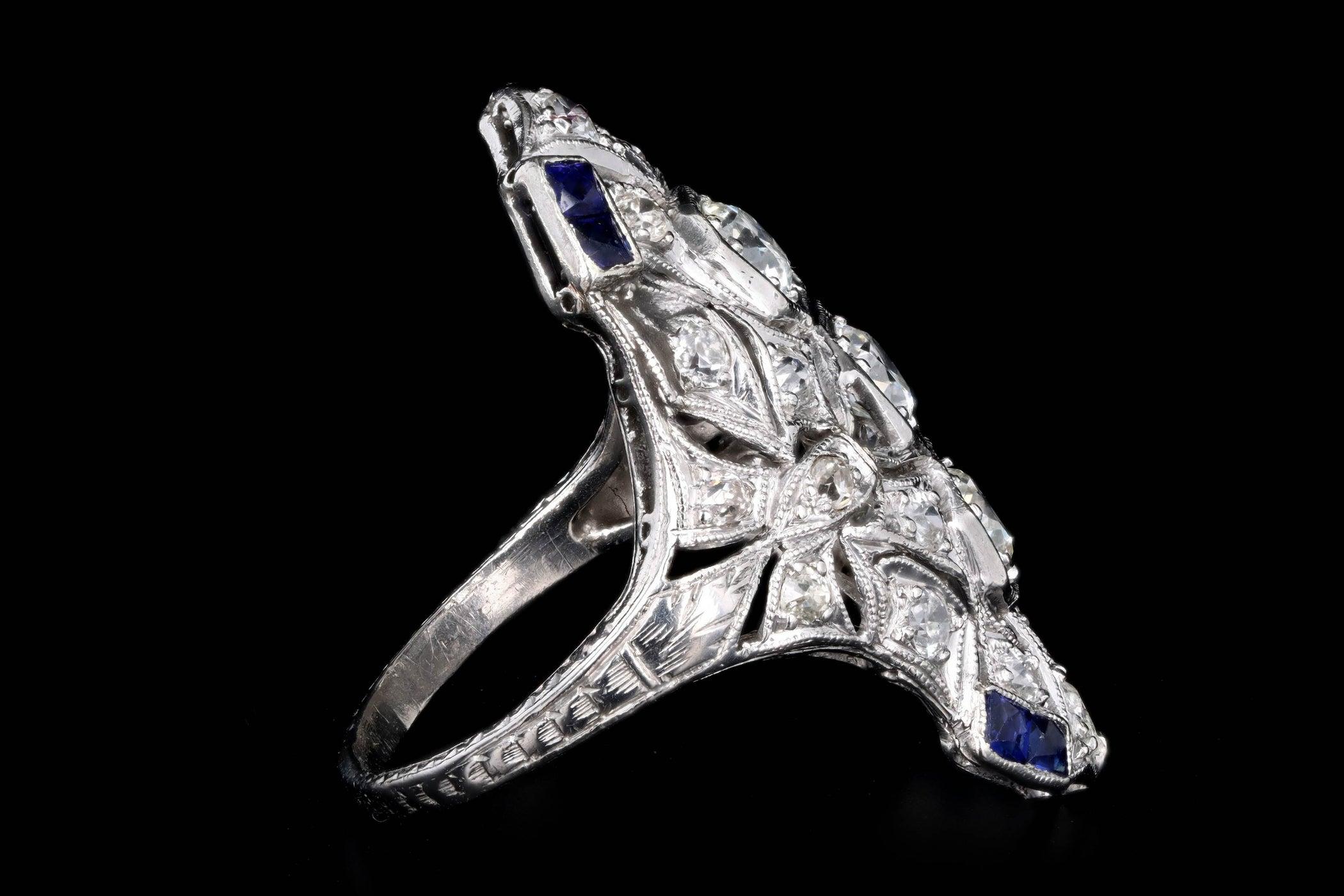 Art Deco Platinum Old European Cut Diamond and French Cut Sapphire Ring 3