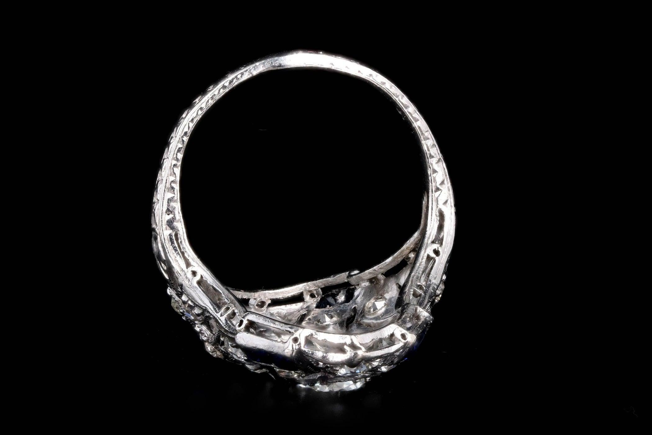 Art Deco Platinum Old European Cut Diamond and French Cut Sapphire Ring 4