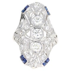 Art Deco Platinum Old European Cut Diamond and French Cut Sapphire Ring