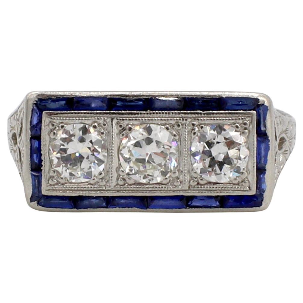 Art Deco Platinum Old European Cut Diamond and Sapphire 3 Stone Ring