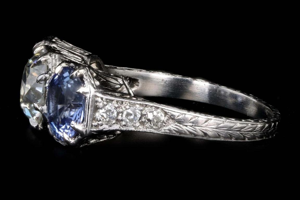 Art Deco Platinum Old European Cut Diamond and Sapphire Three Stone Ring In Excellent Condition In Cape May, NJ