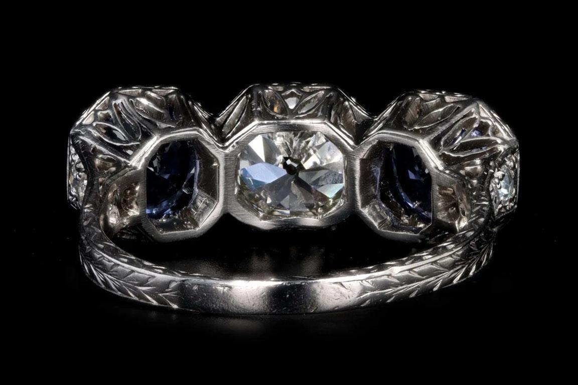 Women's Art Deco Platinum Old European Cut Diamond and Sapphire Three Stone Ring