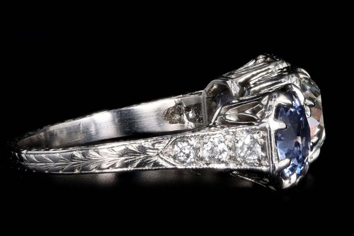 Art Deco Platinum Old European Cut Diamond and Sapphire Three Stone Ring 1
