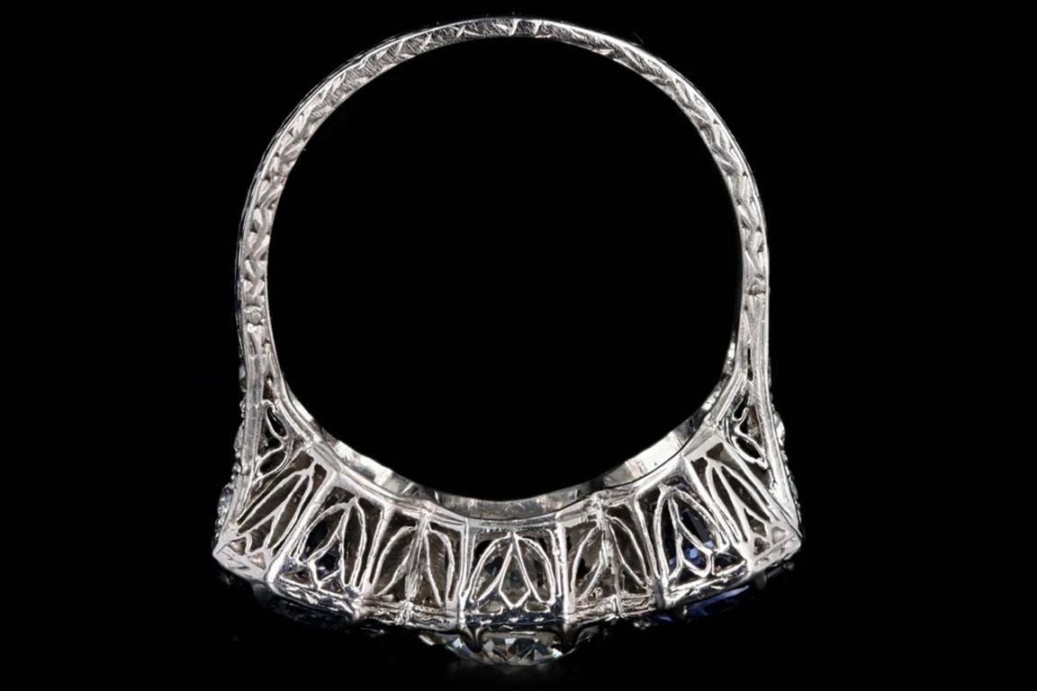 Art Deco Platinum Old European Cut Diamond and Sapphire Three Stone Ring 2
