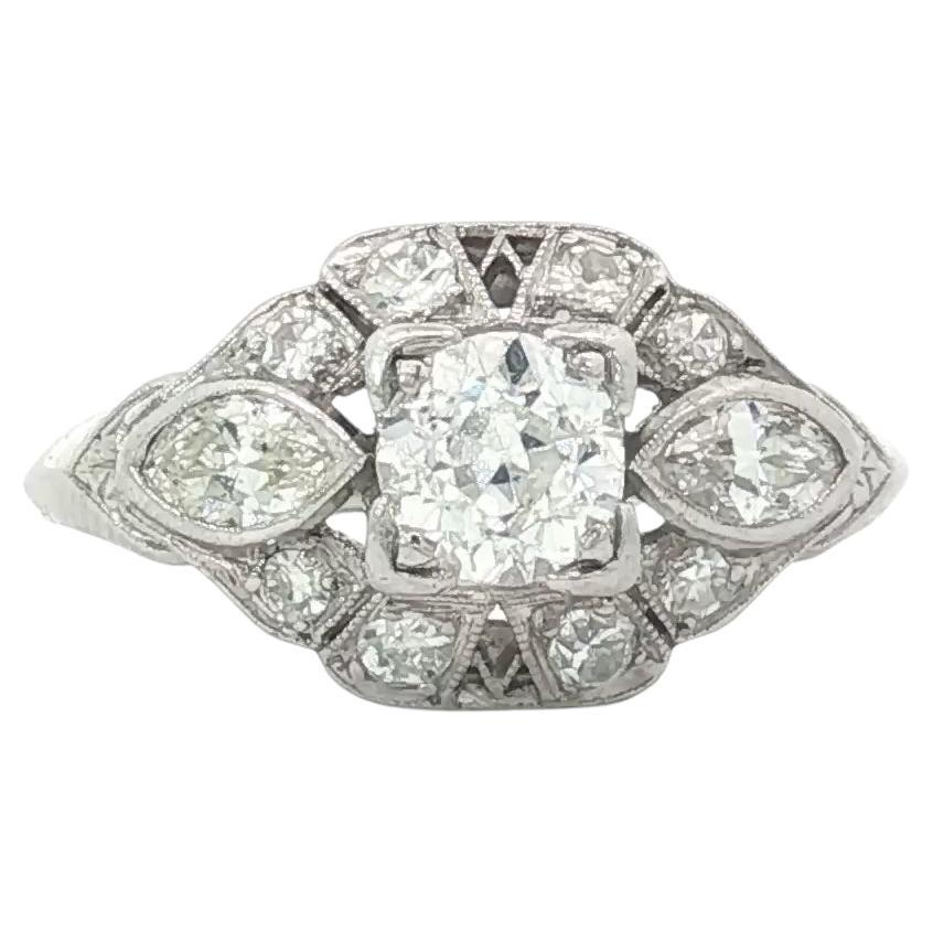 Art Deco Platinum Old European Cut Diamond Cluster Ring, Approx. 1.00 Carat