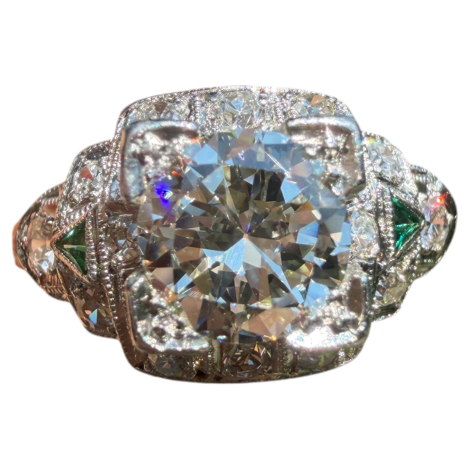 Art Deco Platinum Old European Cut Diamond Emerald Ring/Engagement Ring
