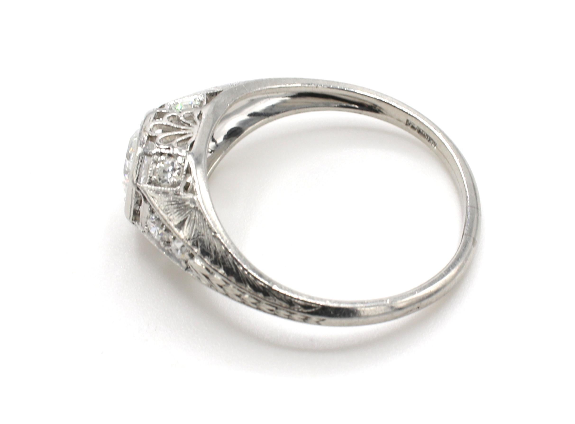Art Deco Platinum Old European Cut Natural Diamond Engagement Ring In Excellent Condition In  Baltimore, MD