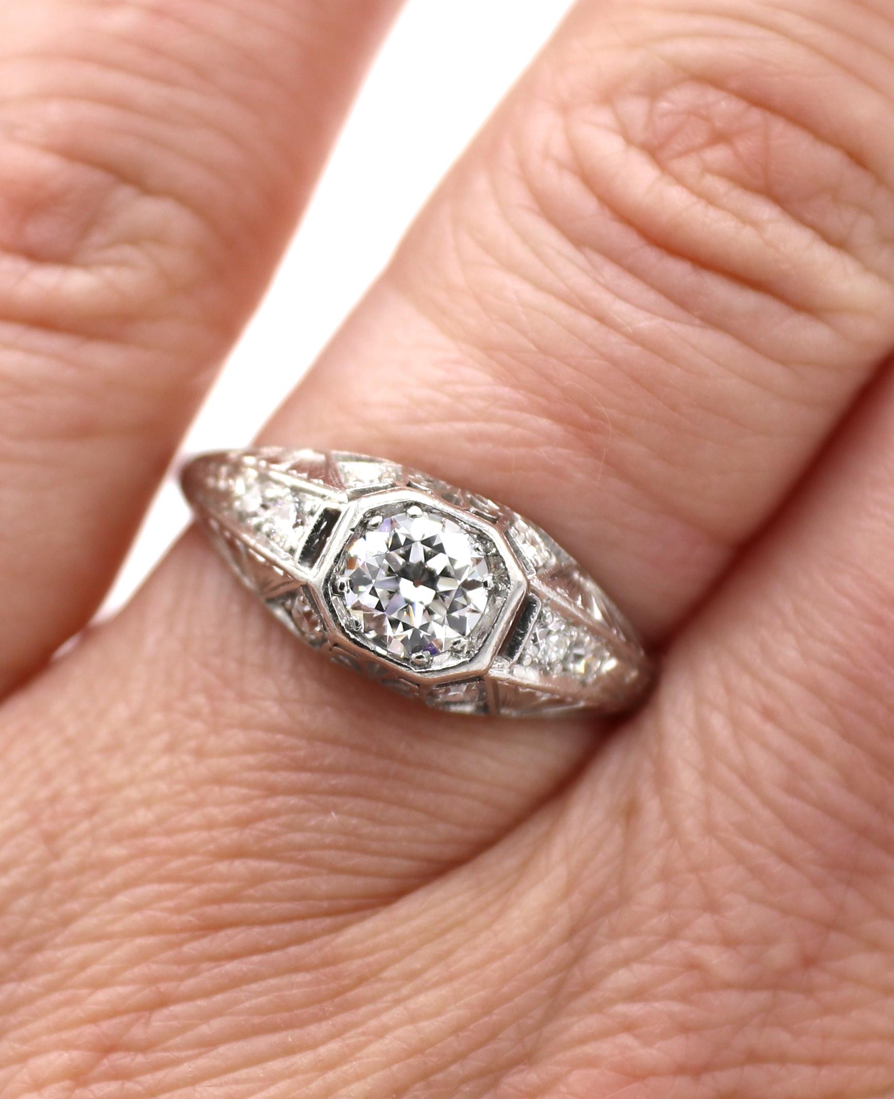 Art Deco Platinum Old European Cut Natural Diamond Engagement Ring 1