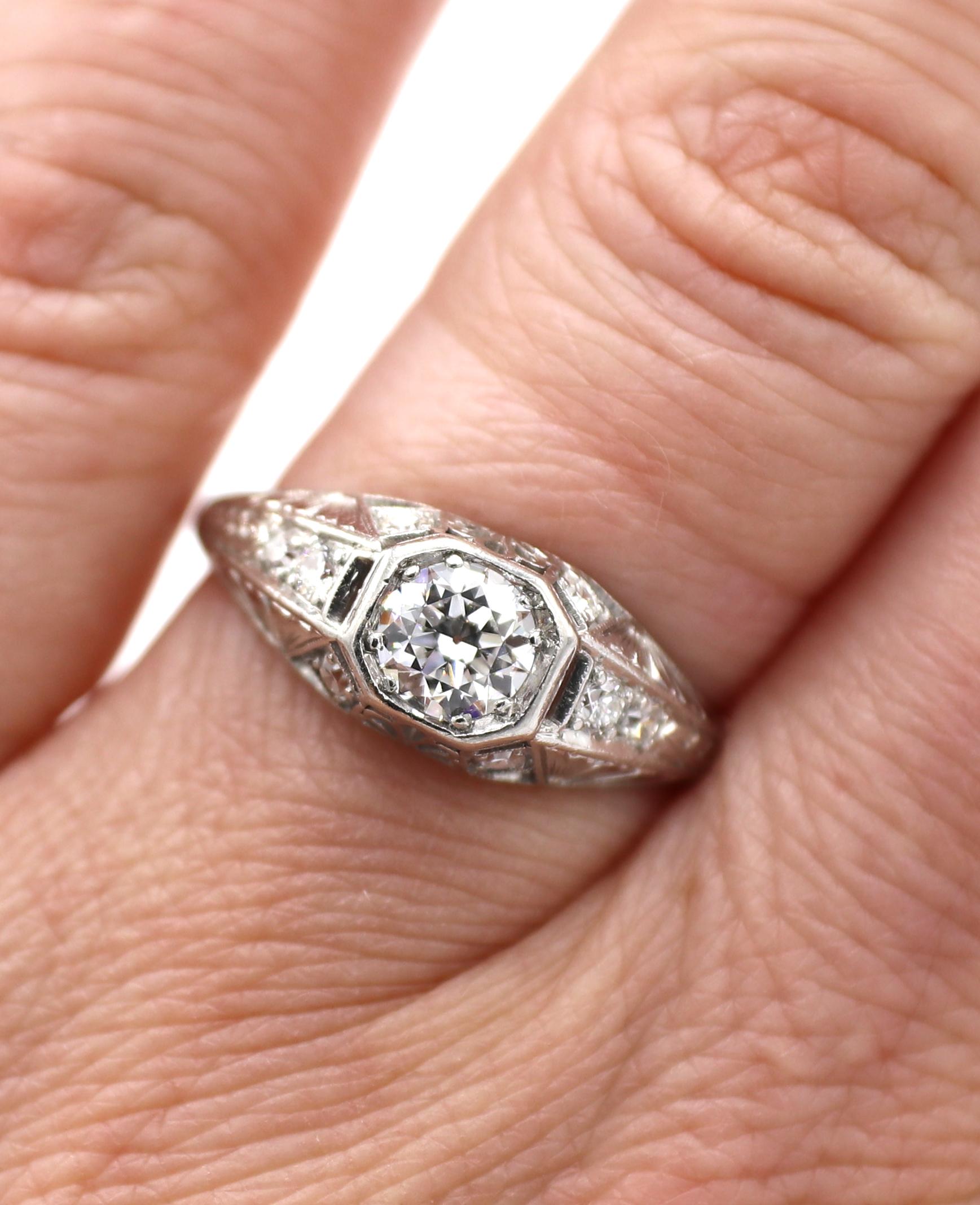 Art Deco Platinum Old European Cut Diamond Engagement Ring For Sale at ...