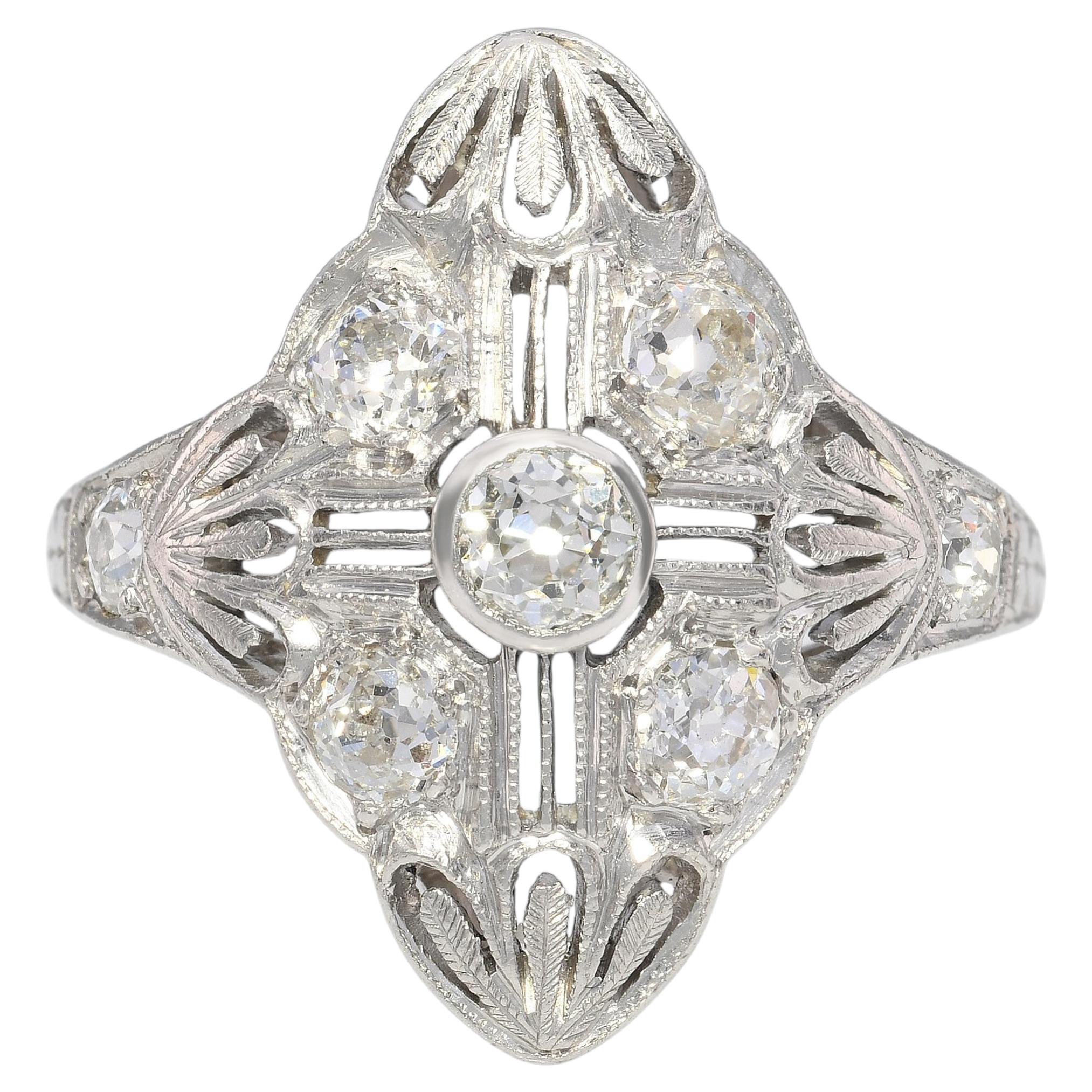 Art Deco Platinum Old European Cut Diamond Geometric Dinner Ring