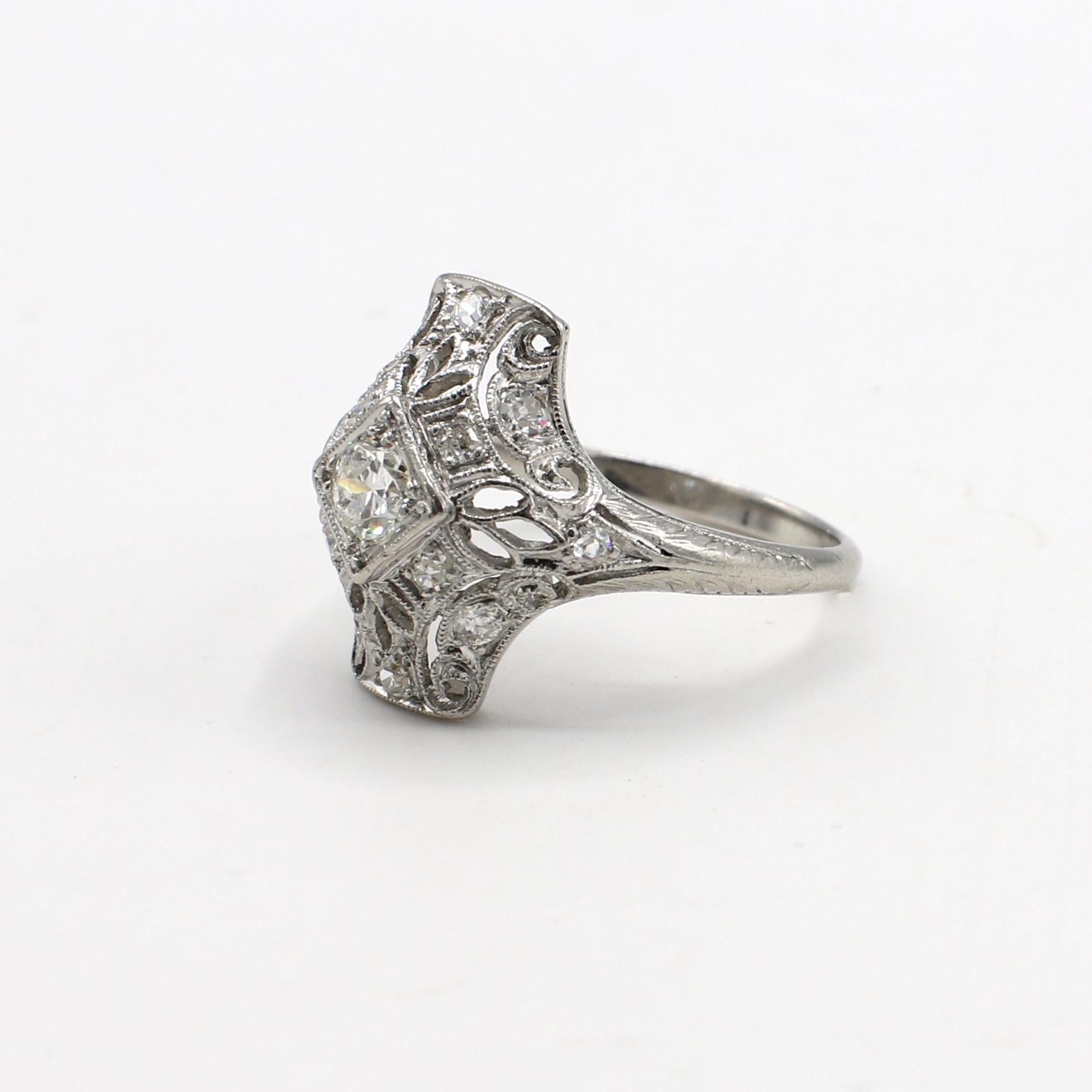Art Deco Platinum Old European Cut Diamond Navette Ring 
Metal: Platinum
Weight: 3.25 grams
Diamonds: Approx. .40 CTW European cut and single cut diamonds H-I VS-SI 
Size: 4.5 (US)
Top: 15.5 x 15mm