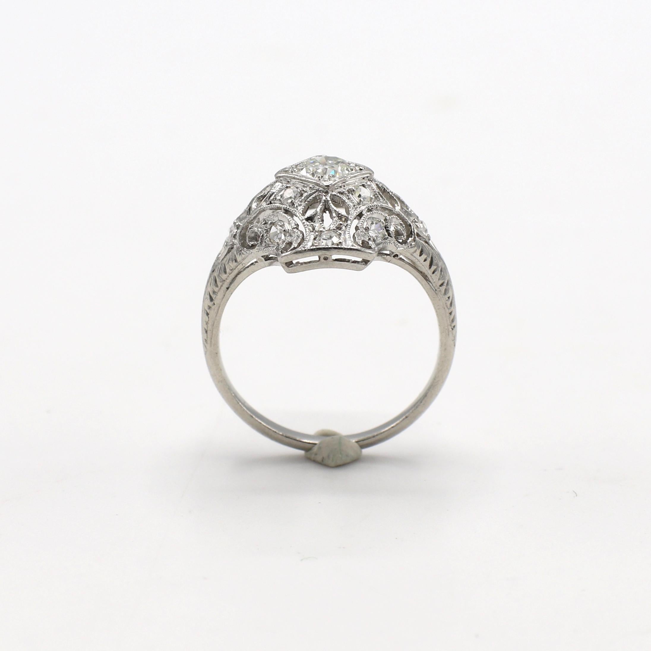 Art Deco Platinum Old European Cut Diamond Navette Ring In Excellent Condition In  Baltimore, MD