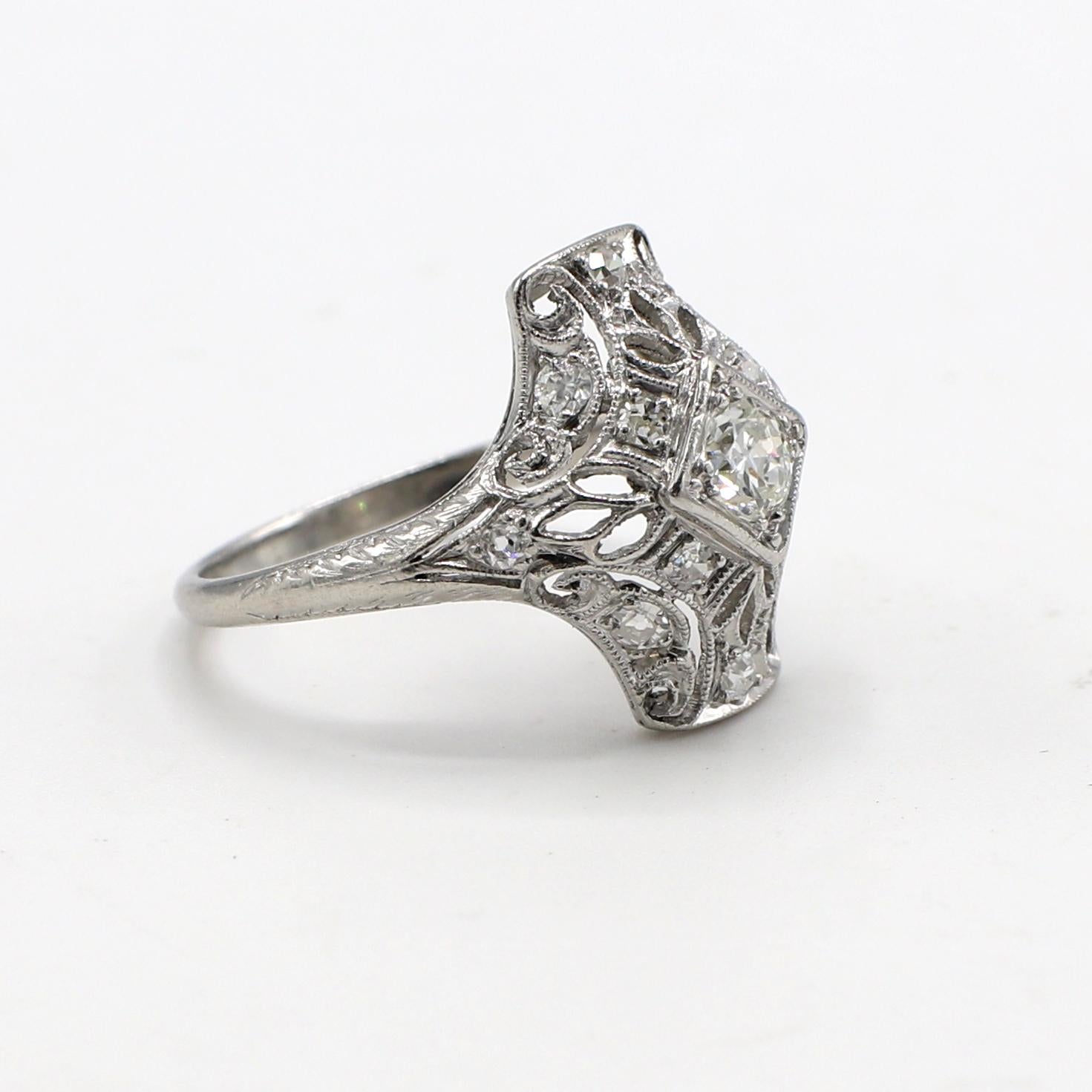 Women's Art Deco Platinum Old European Cut Diamond Navette Ring