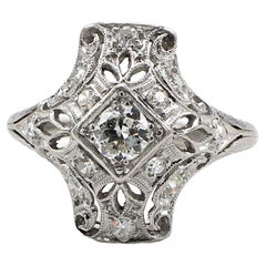 Art Deco Platinum Old European Cut Diamond Navette Ring