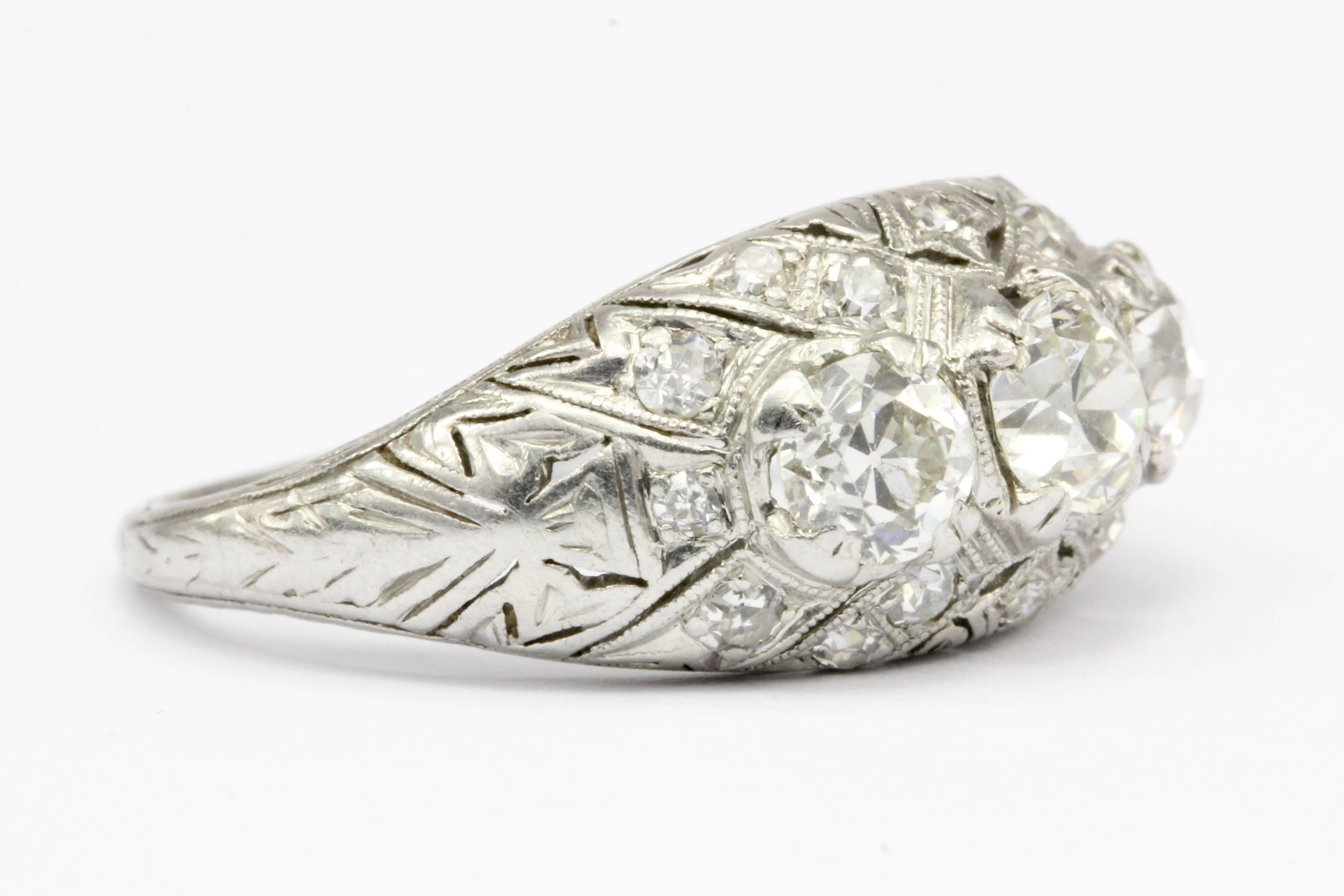 Art Deco Platinum Old European Cut Diamond Ring In Excellent Condition In Cape May, NJ