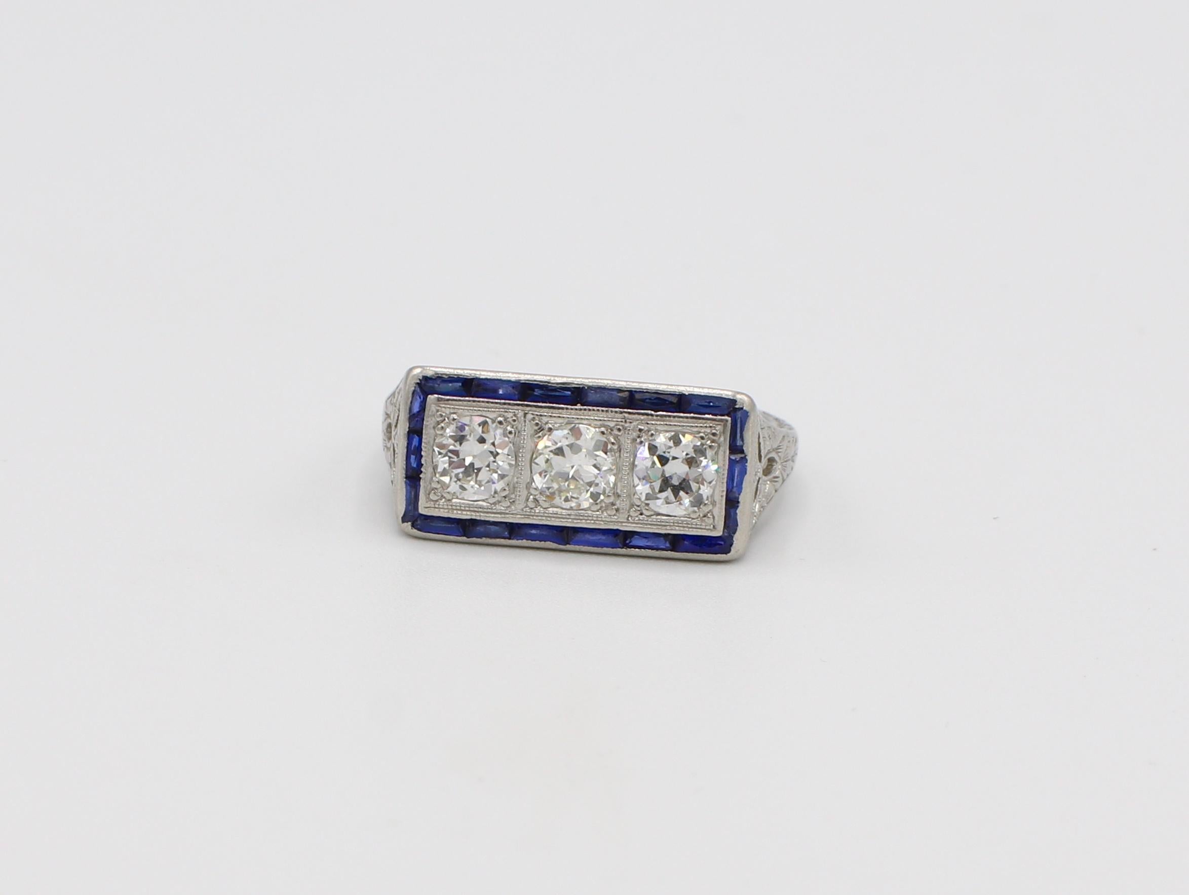 Art Deco Platinum Old European Cut Diamond and Sapphire 3 Stone Ring In Good Condition In  Baltimore, MD