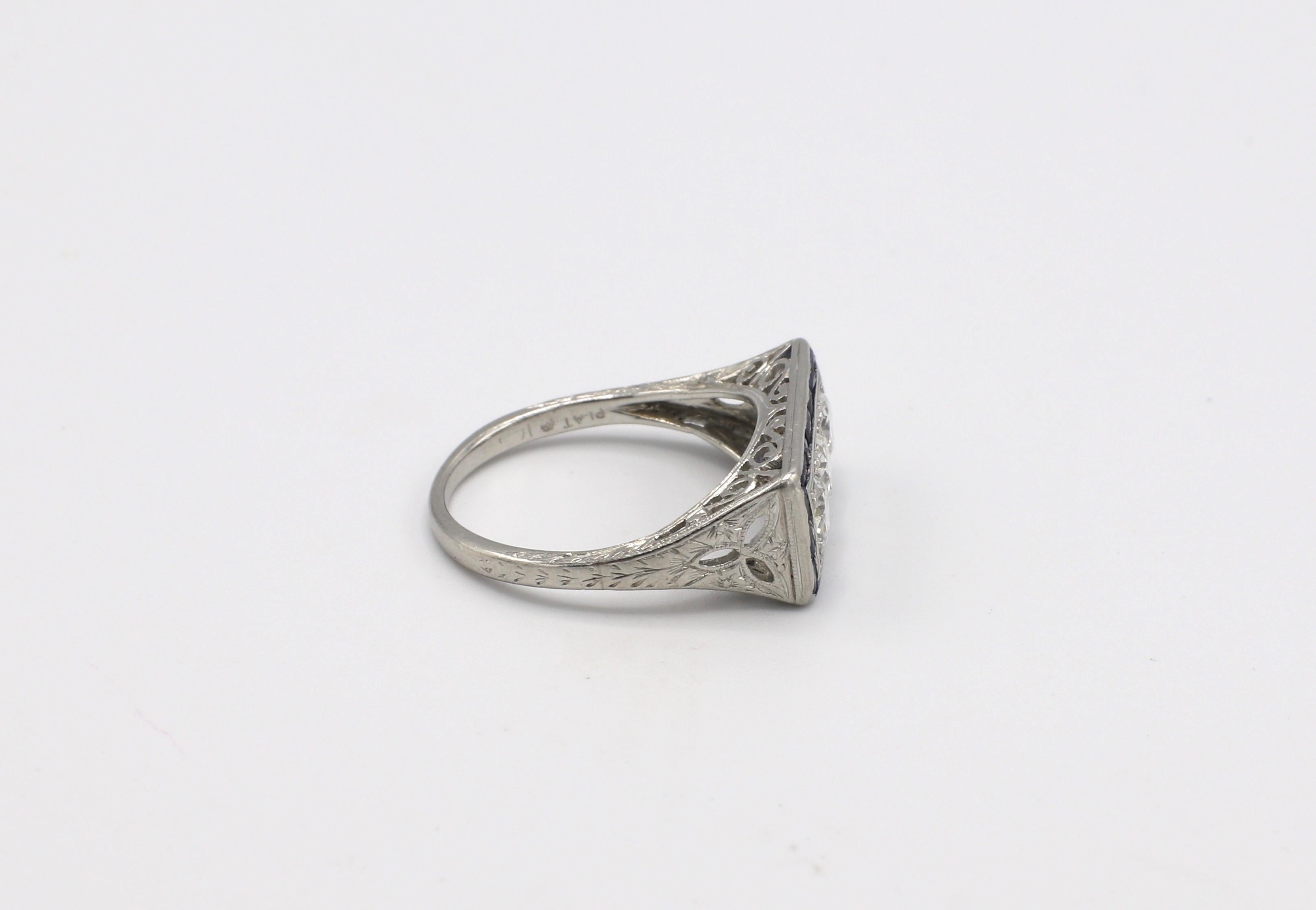 Women's Art Deco Platinum Old European Cut Diamond and Sapphire 3 Stone Ring
