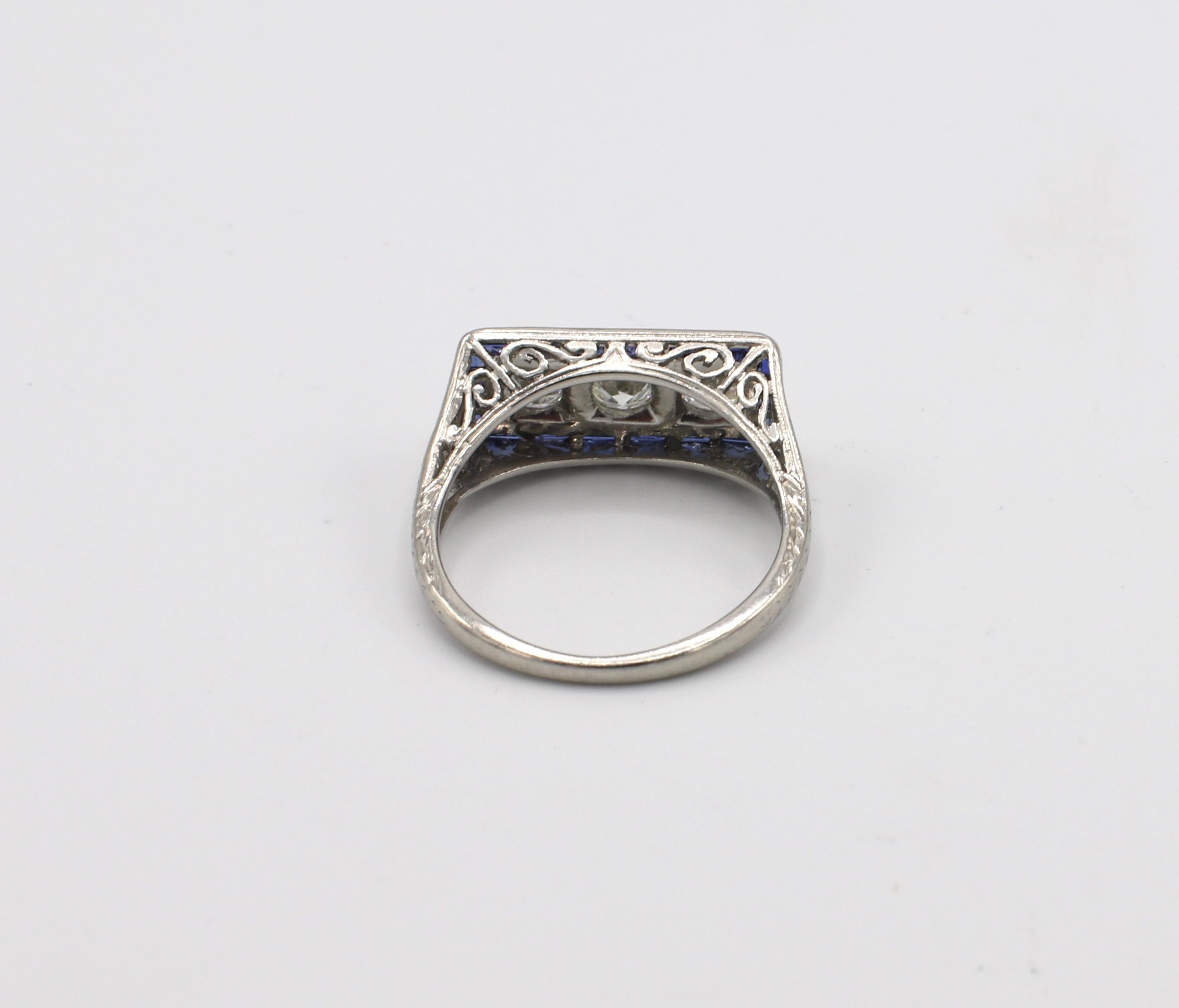 Art Deco Platinum Old European Cut Diamond and Sapphire 3 Stone Ring 1
