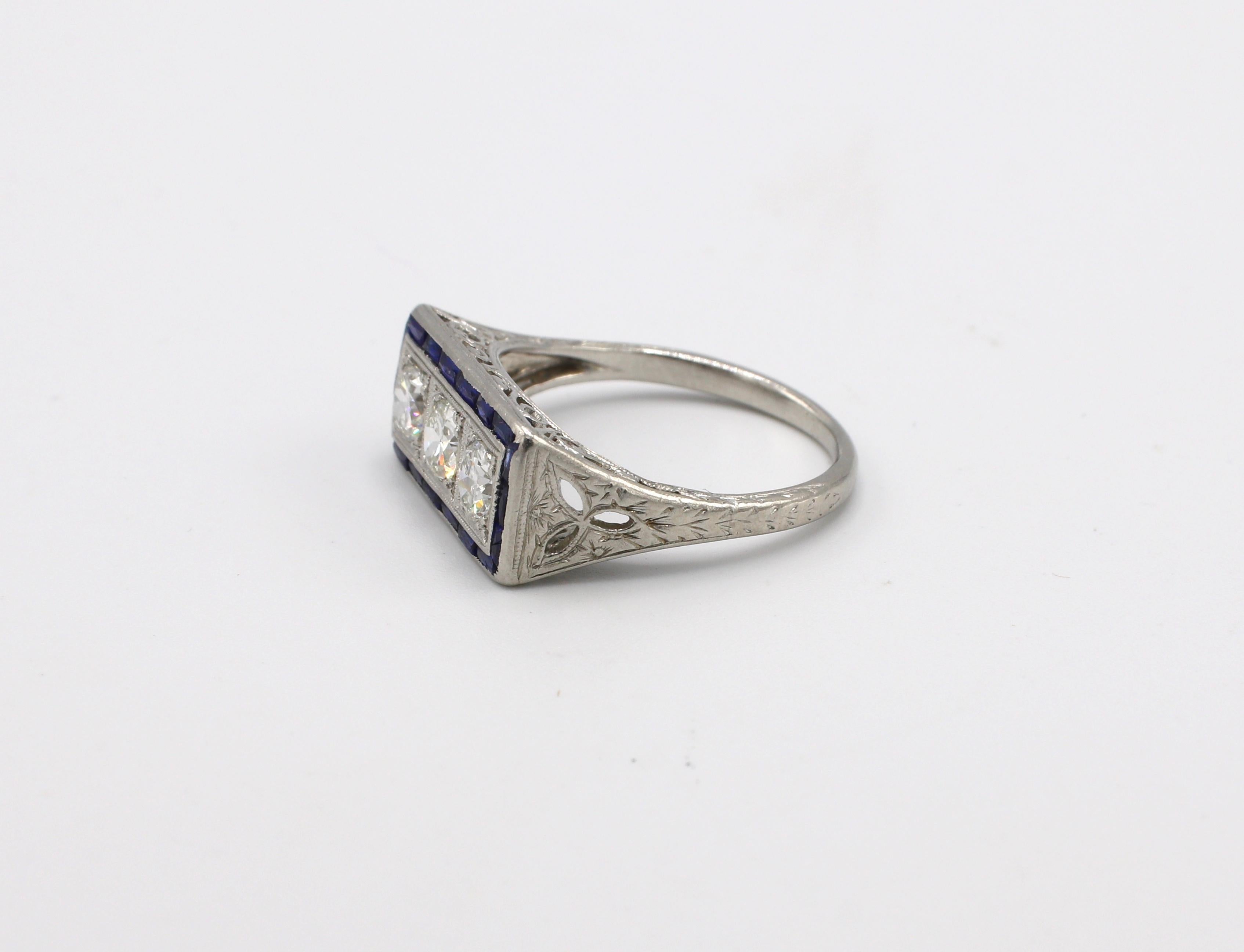 Art Deco Platinum Old European Cut Diamond and Sapphire 3 Stone Ring 2