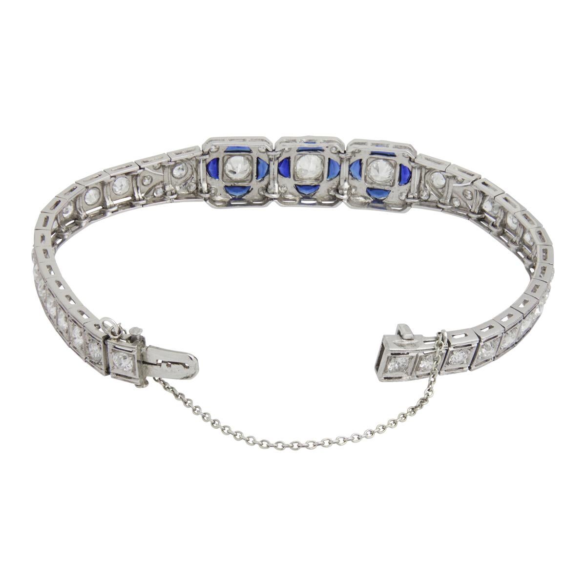 Art Deco Platinum Old European Cut Diamond & Sapphire Bracelet In Good Condition For Sale In QLD , AU