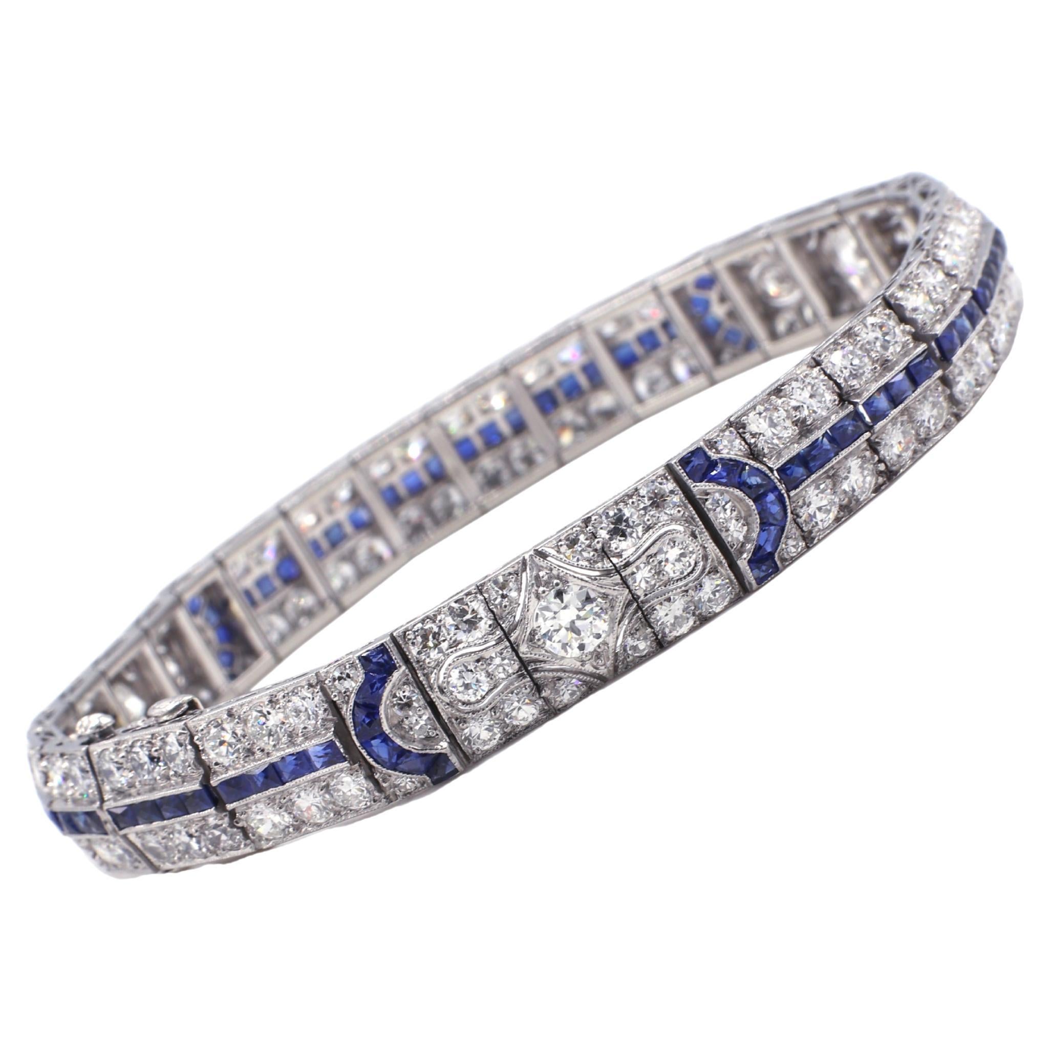 Art Deco Platinum Old European Cut Diamond & Sapphire Bracelet