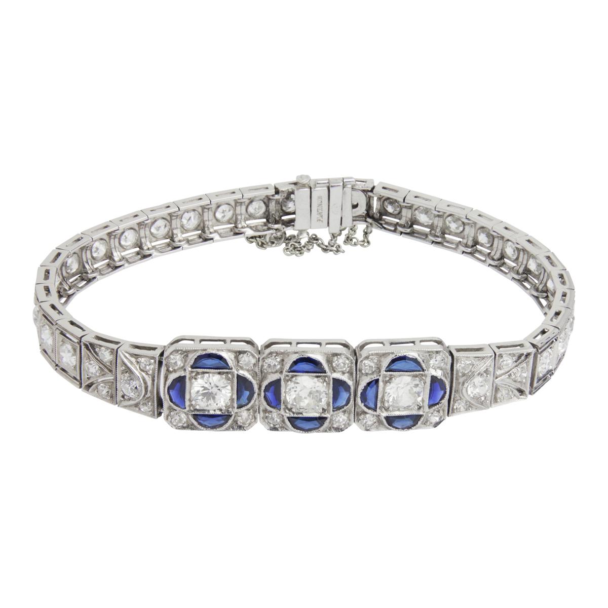 Art Deco Platinum Old European Cut Diamond & Sapphire Bracelet For Sale