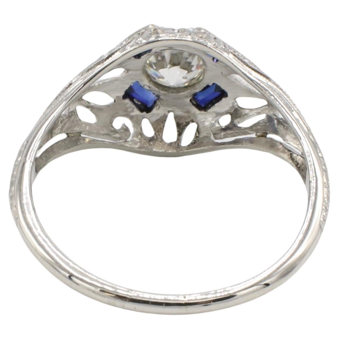 Art Deco Platinum Old European Cut Natural Diamond & Blue Sapphire Dome Ring  In Excellent Condition For Sale In  Baltimore, MD