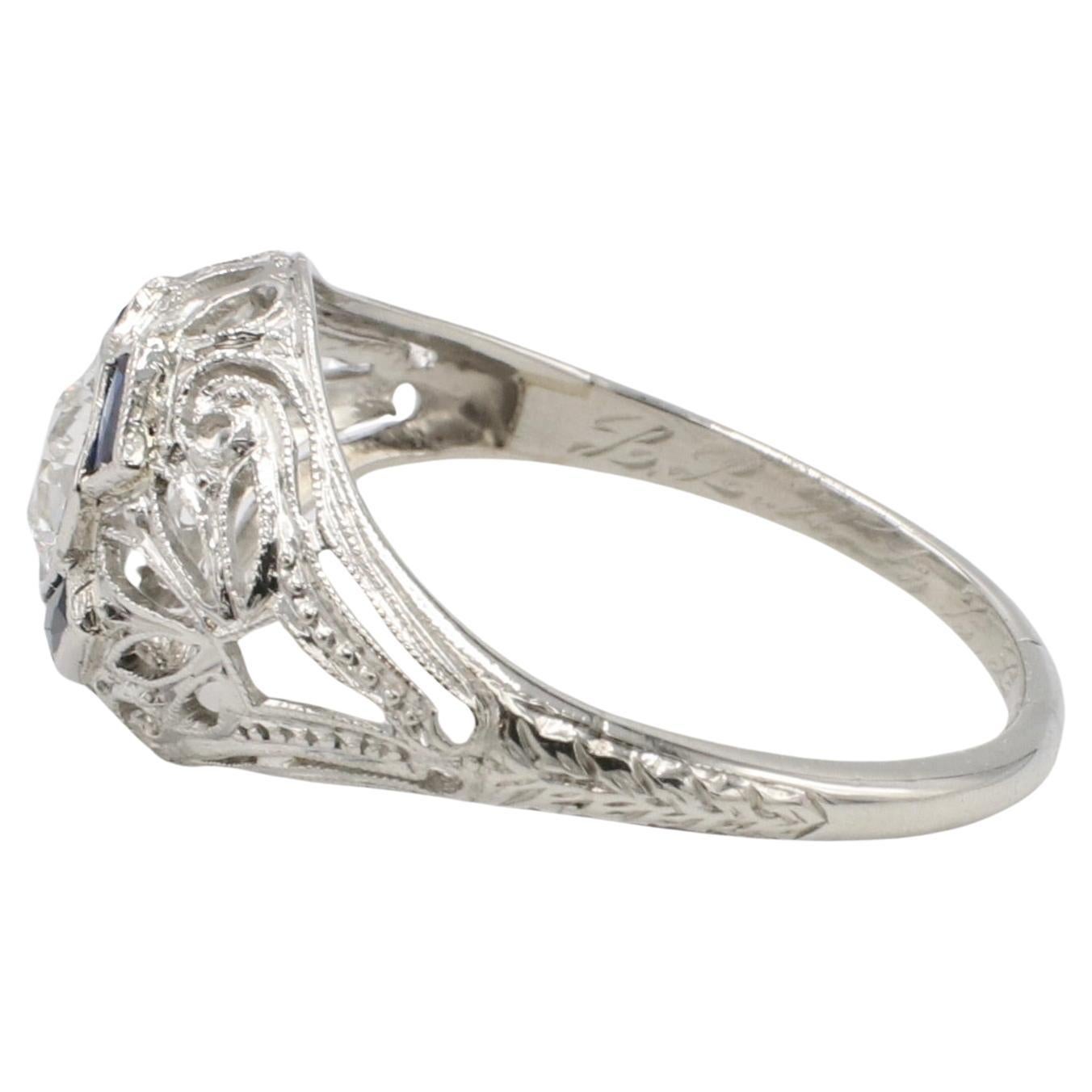 Women's or Men's Art Deco Platinum Old European Cut Natural Diamond & Blue Sapphire Dome Ring  For Sale