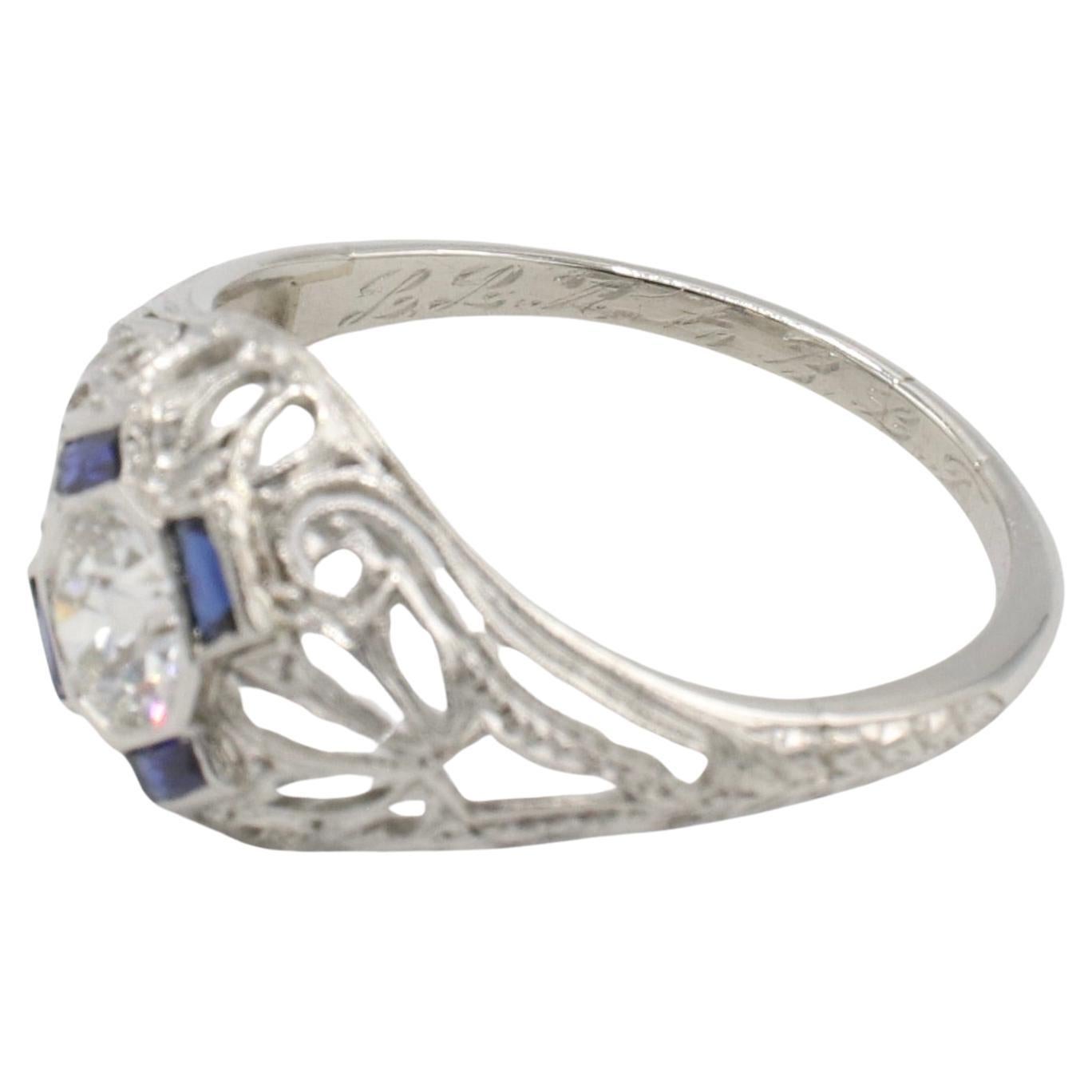 Art Deco Platinum Old European Cut Natural Diamond & Blue Sapphire Dome Ring  For Sale 1
