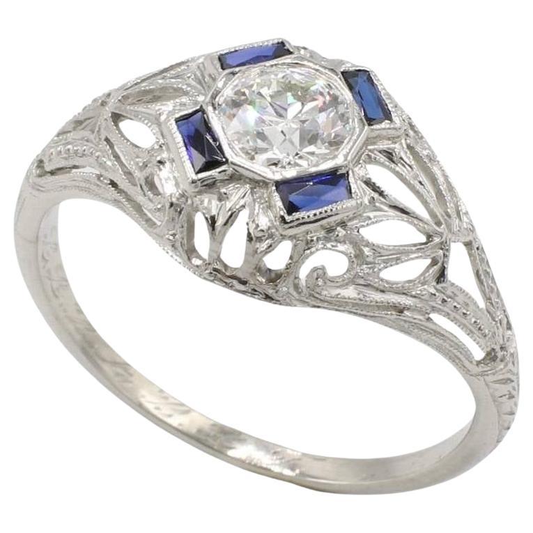 Art Deco Platinum Old European Cut Natural Diamond & Blue Sapphire Dome Ring  For Sale