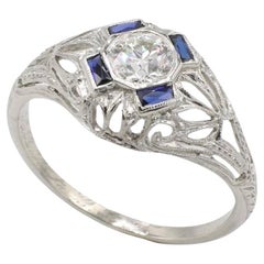 Antique Art Deco Platinum Old European Cut Natural Diamond & Blue Sapphire Dome Ring 