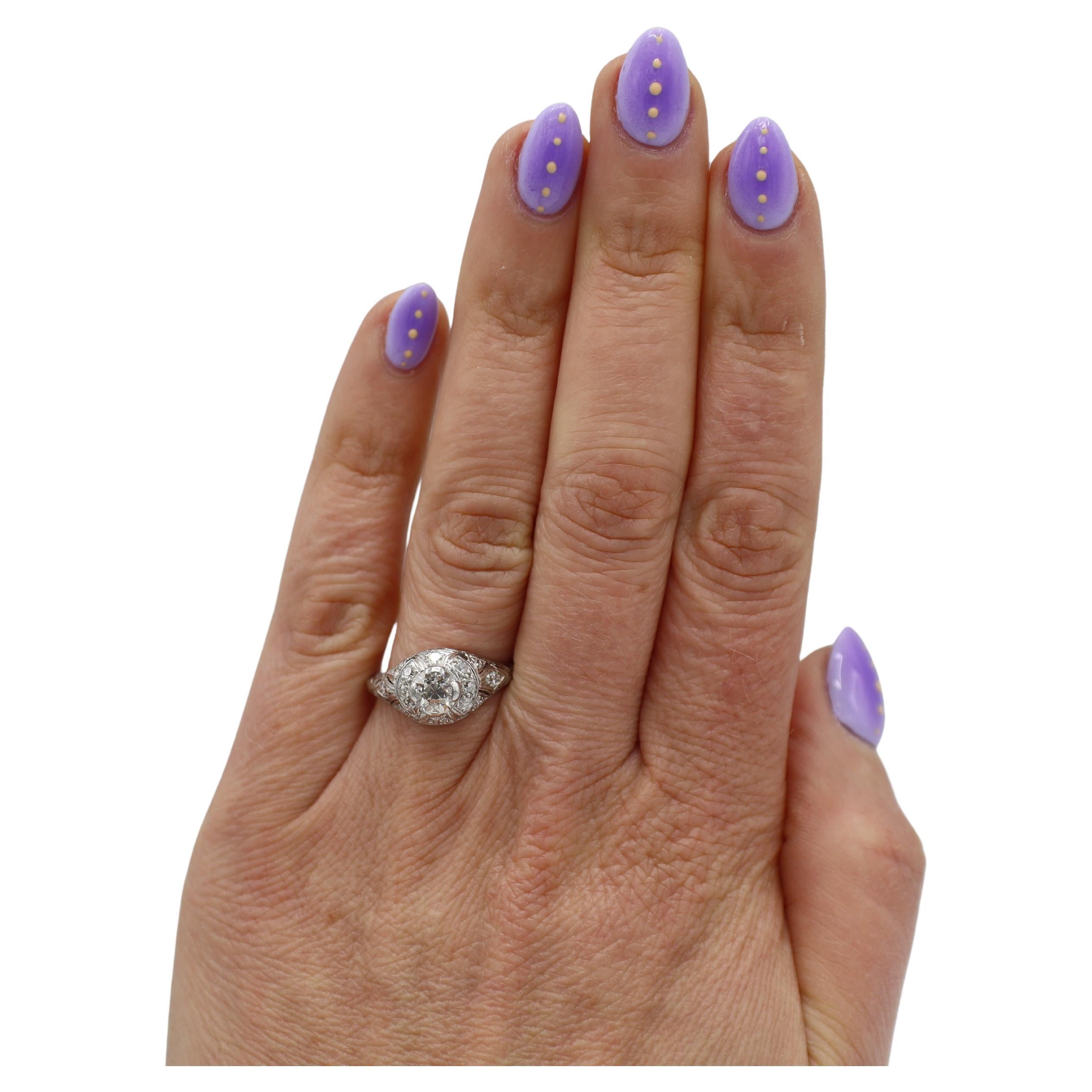 Women's or Men's Art Deco Platinum Old European Cut Natural Diamond Dome Cocktail Ring