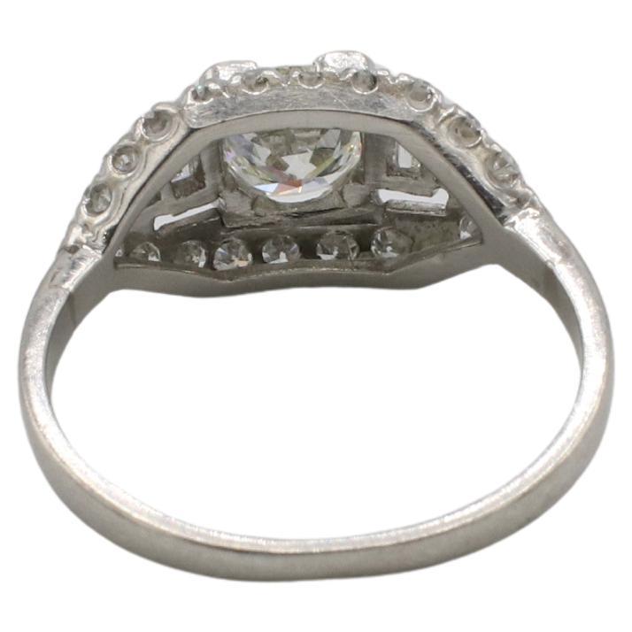 Women's Art Deco Platinum Old European Cut Natural Diamond Engagement Ring For Sale