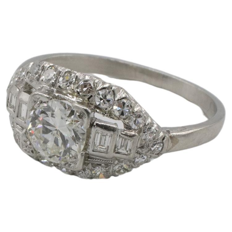 Art Deco Platinum Old European Cut Natural Diamond Engagement Ring For Sale 1