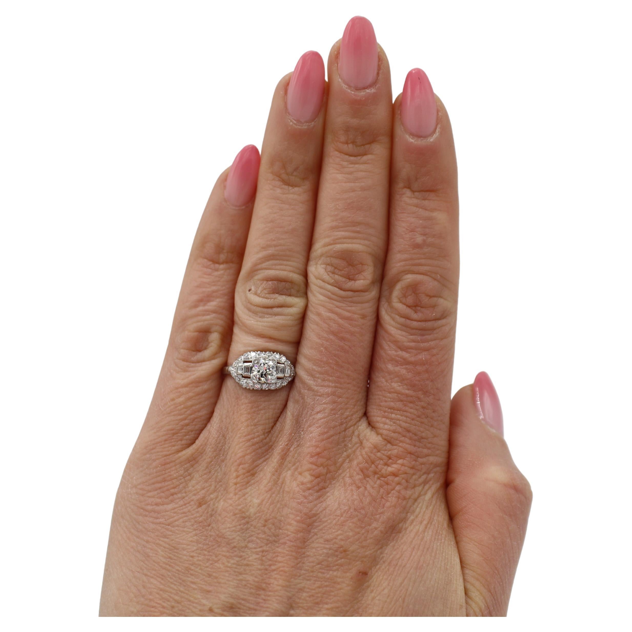 Art Deco Platinum Old European Cut Natural Diamond Engagement Ring For Sale 2