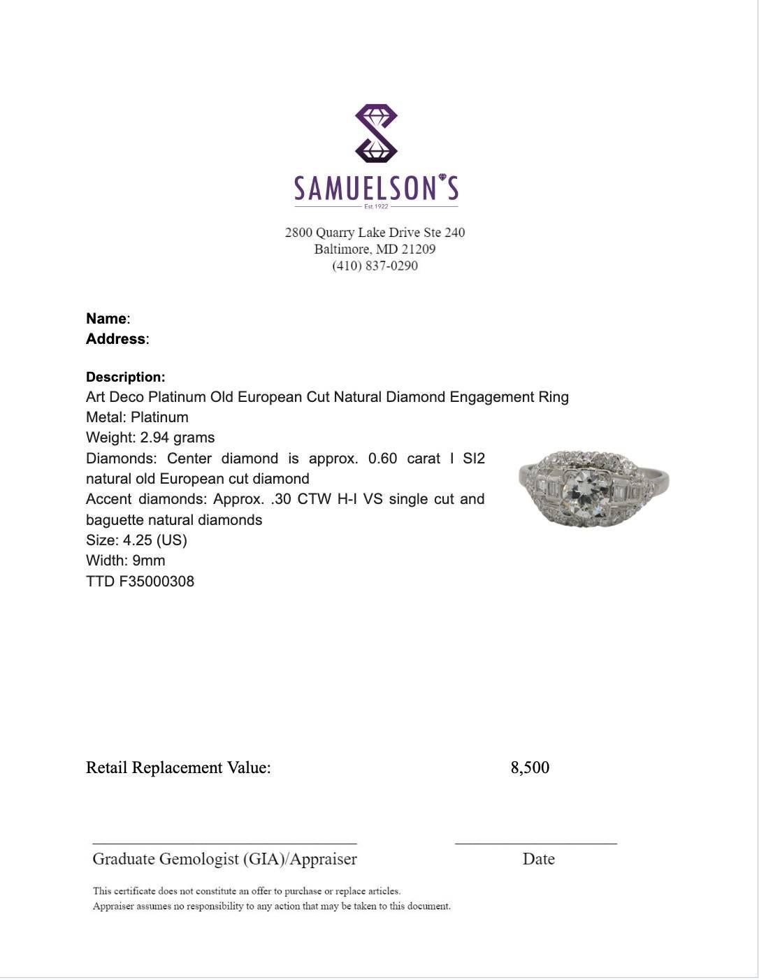 Art Deco Platinum Old European Cut Natural Diamond Engagement Ring For Sale 3