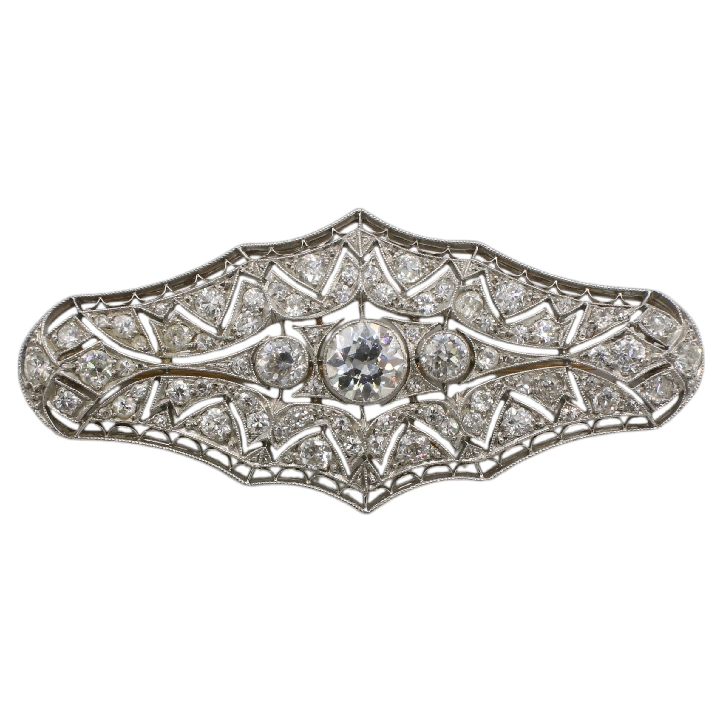 Art Deco Platinum Old European Cut Natural Diamond Filigree Brooch Pin