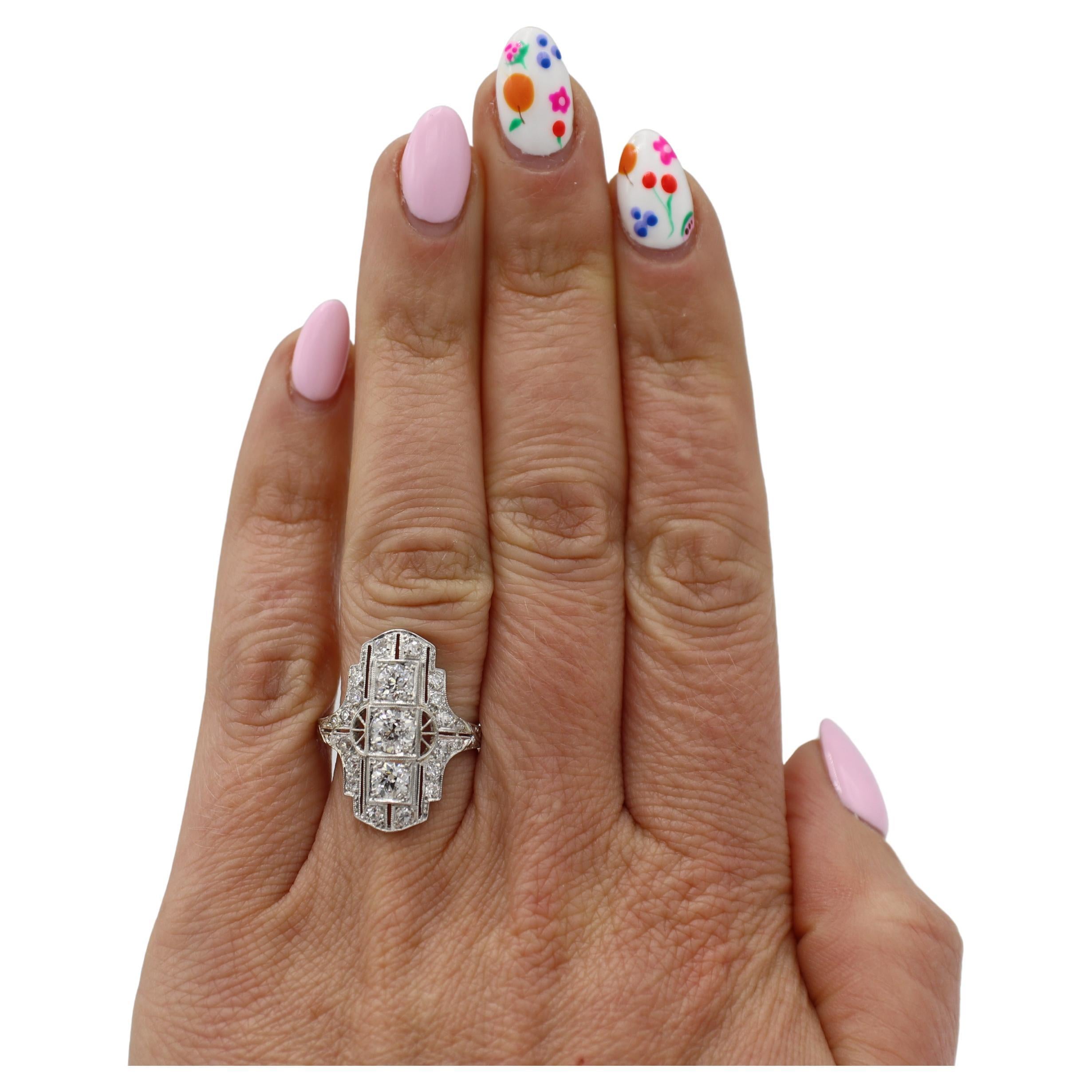 Women's Art Deco Platinum Old European Cut Natural Diamond Navette Cocktail Ring