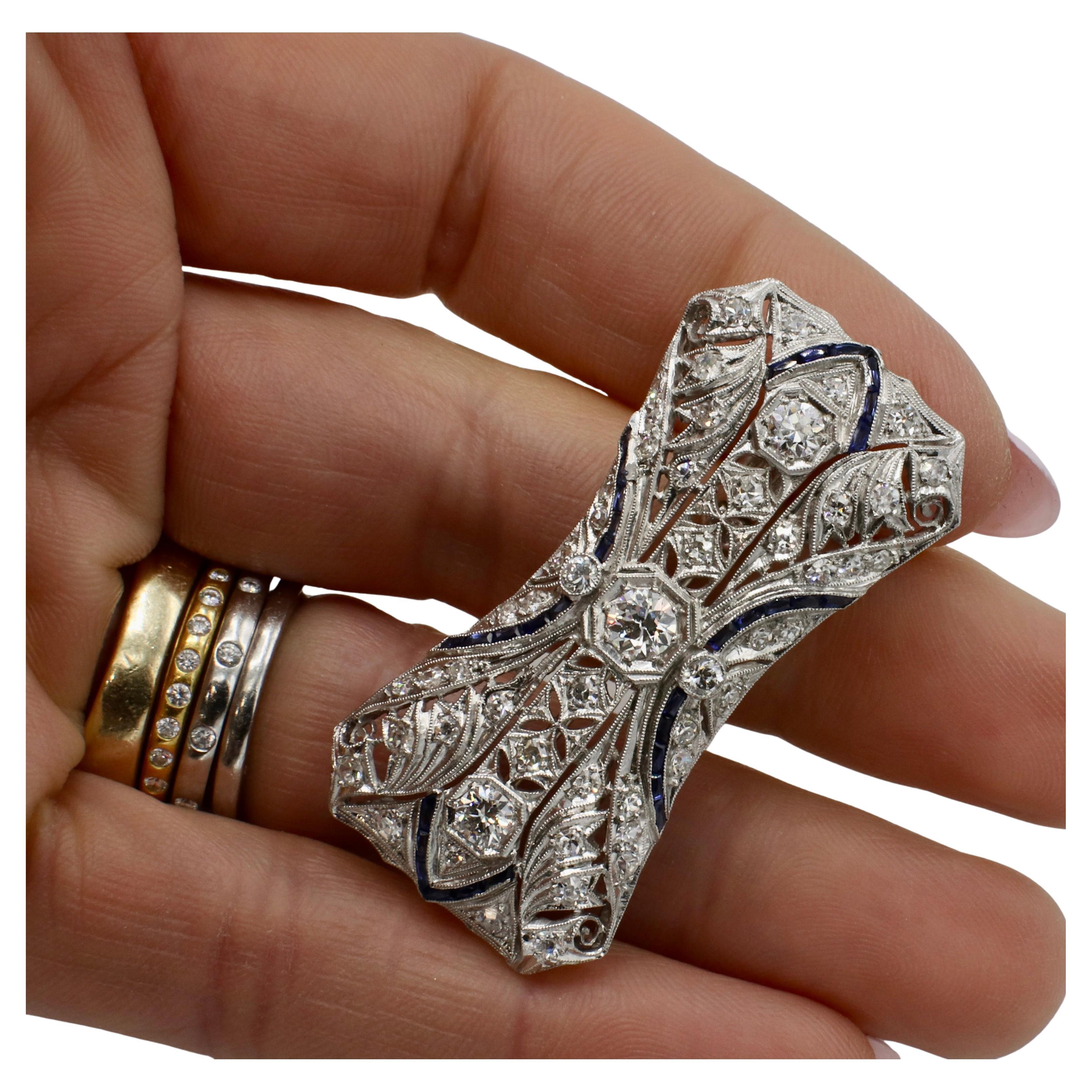Art Deco Platinum Old European Cut Natural Diamond & Sapphire Brooch Pin In Excellent Condition In  Baltimore, MD