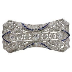 Art Deco Platinum Old European Cut Natural Diamond & Sapphire Brooch Pin