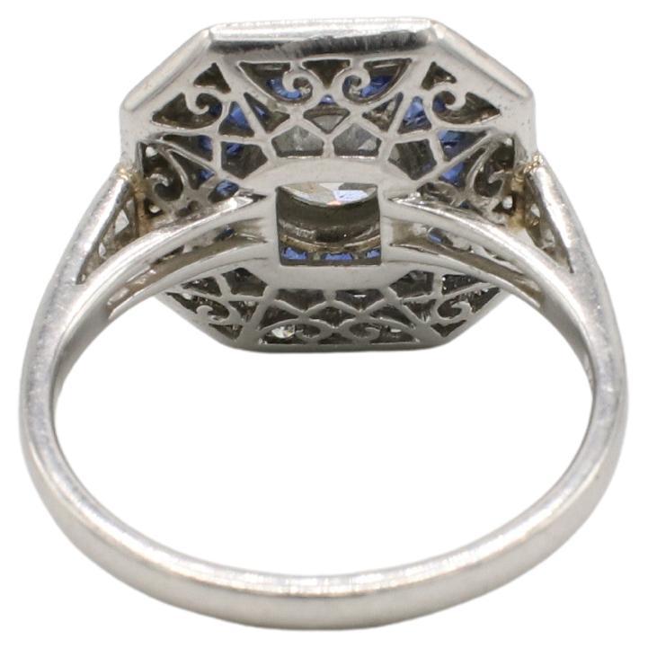 Art Deco Platinum Old European Cut Natural Diamond & Sapphire Cocktail Ring In Excellent Condition In  Baltimore, MD