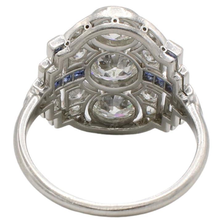Art Deco Platinum Old European Cut Natural Diamond & Sapphire Cocktail Ring In Excellent Condition In  Baltimore, MD