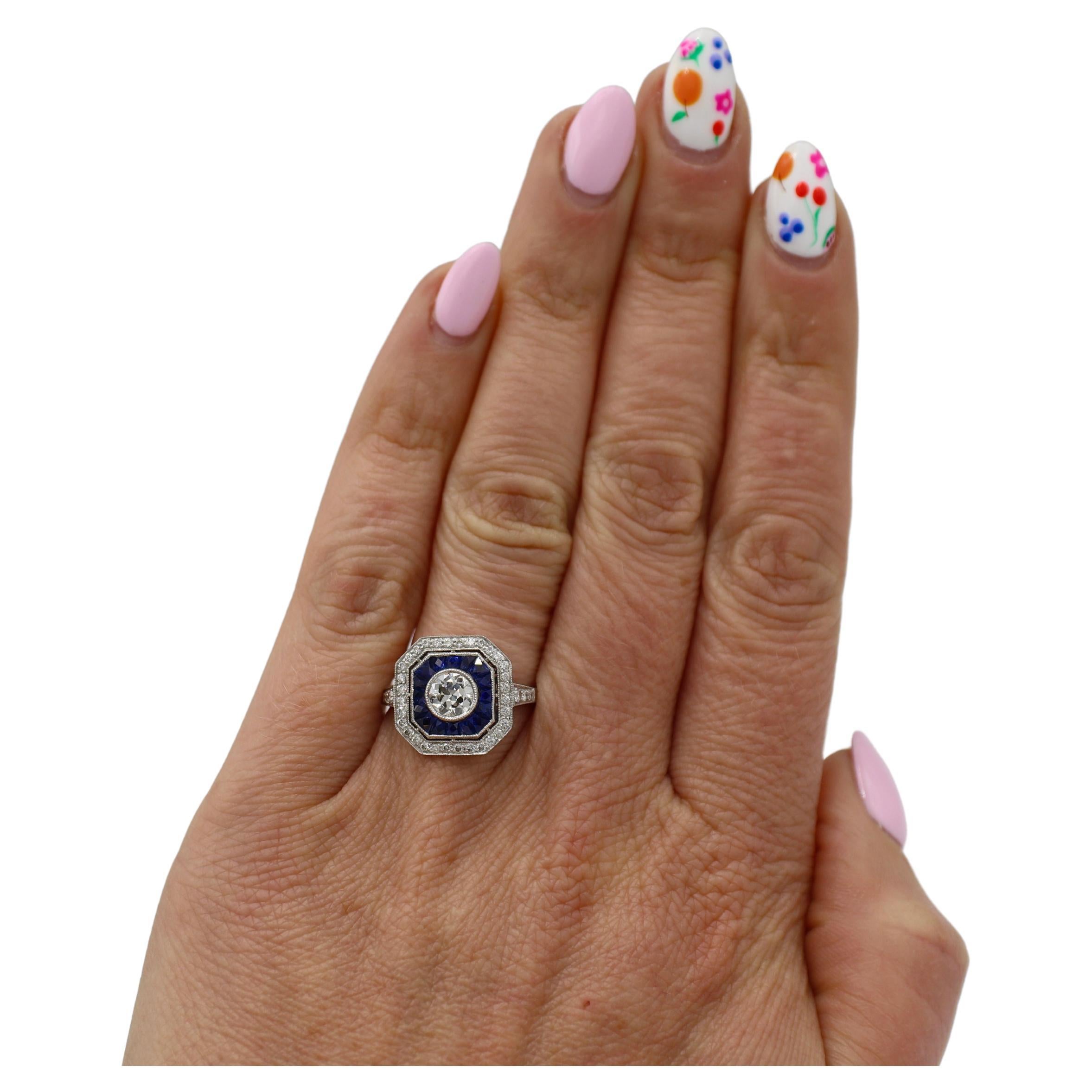Women's Art Deco Platinum Old European Cut Natural Diamond & Sapphire Cocktail Ring