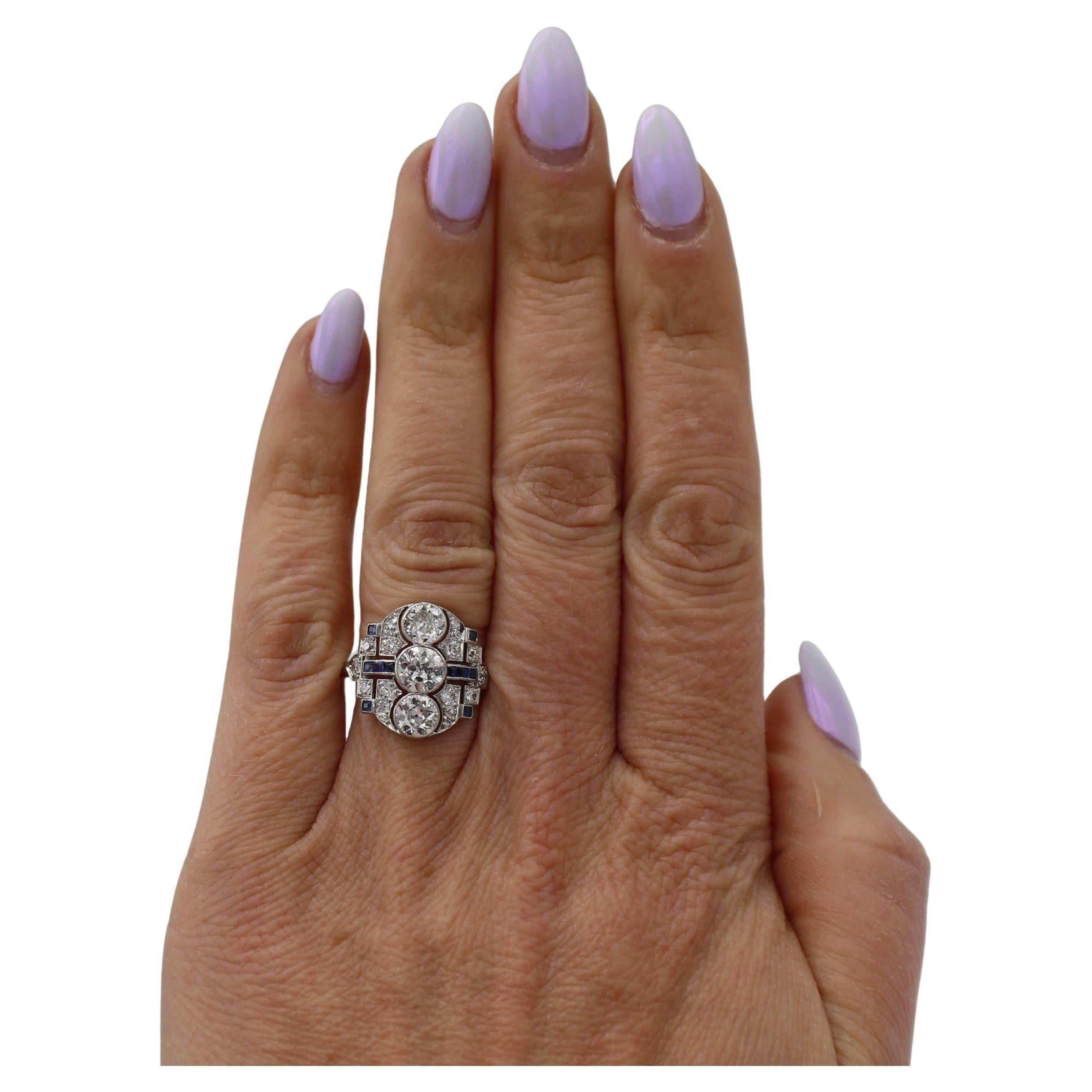 Women's Art Deco Platinum Old European Cut Natural Diamond & Sapphire Cocktail Ring