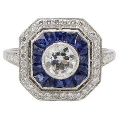 Art Deco Platinum Old European Cut Natural Diamond & Sapphire Cocktail Ring