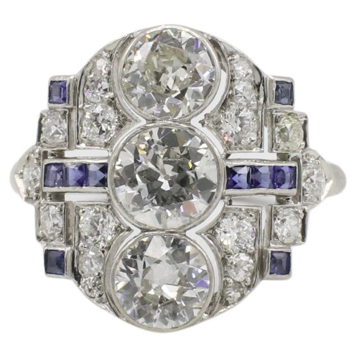 Anello da cocktail in platino Art Deco con diamanti naturali e zaffiri taglio vecchio europeo