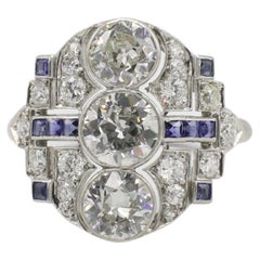 Art Decó Anillo de Cóctel de Platino con Zafiro y Diamante Natural de Corte Europeo Antiguo
